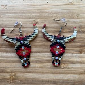 Southwestern western boho vibes bull  head skull metal earnings